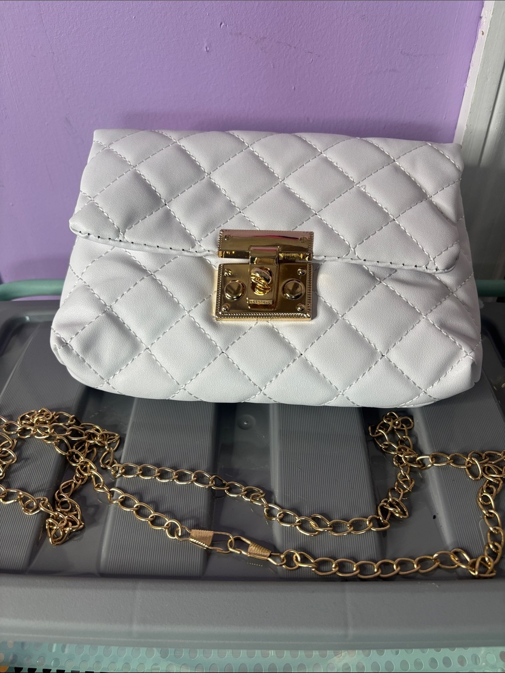 White Quilted Crossbody Bag with Gold strap